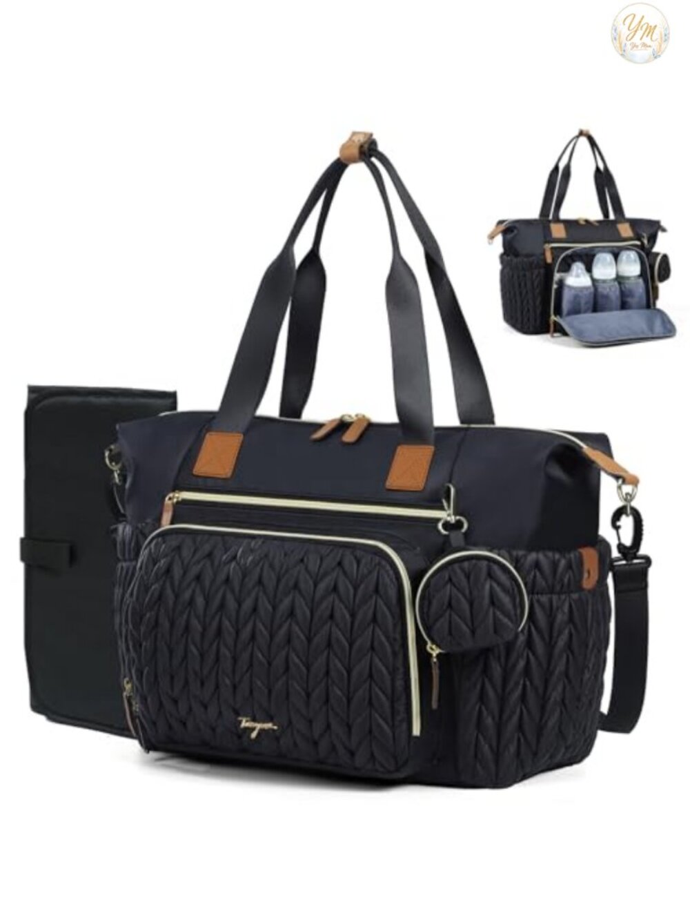 Quilted Nylon Diaper Bag Tote with Changing Pad, Insulated Pockets, Luggage